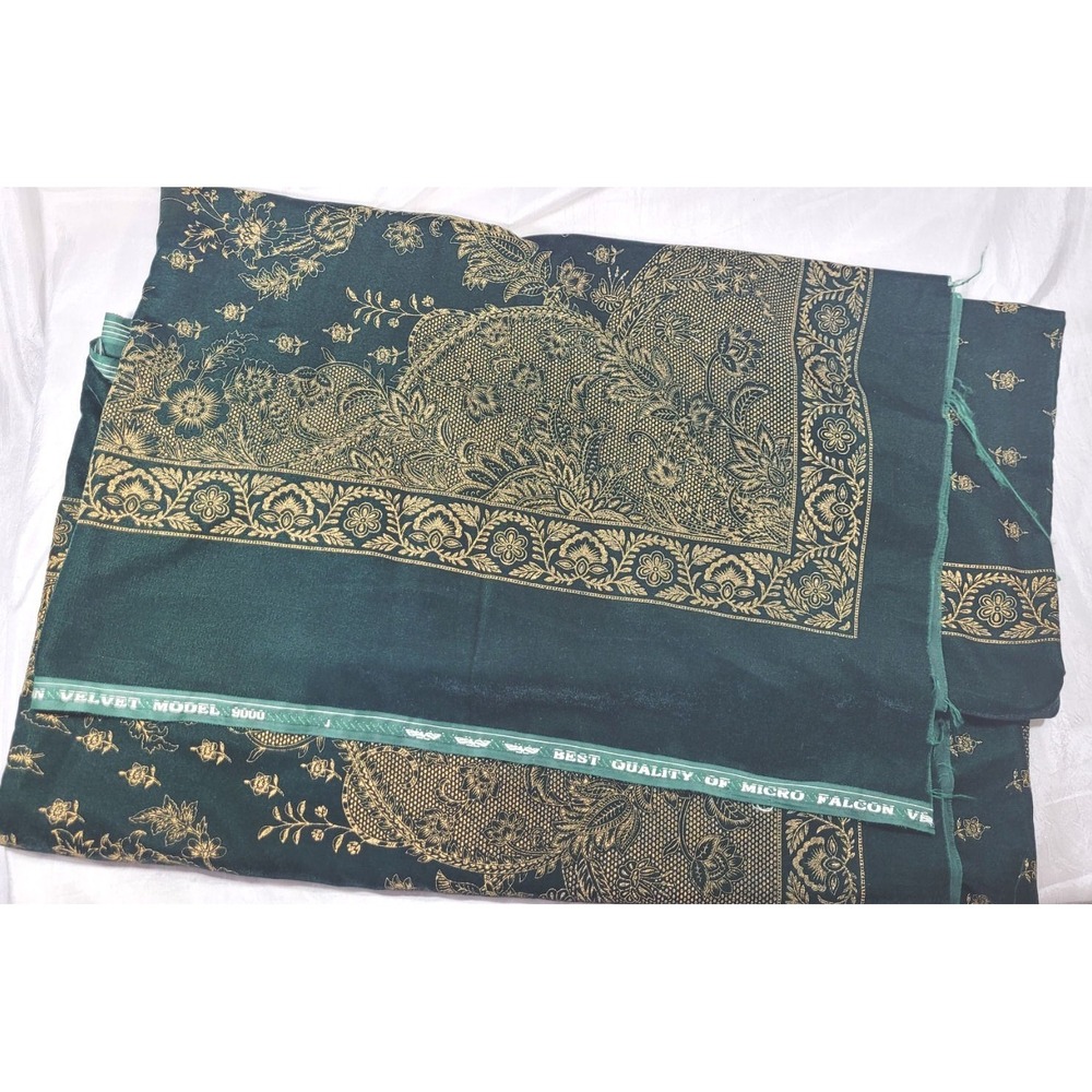 2+ Yards x 45" Micro Falcon Velvet 9000 Gold Foil Printed Floral Fabric - Green